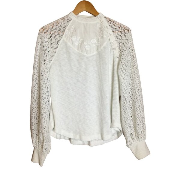 Free People Women Sweetest Thing Embroidered Lace Sleeve Thermal Top White Small - Picture 1 of 9